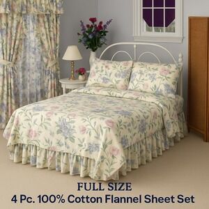 Vintage American Night Full Flannel Sheet Set Floral Pastel Cottagecore NIP NOS‎
